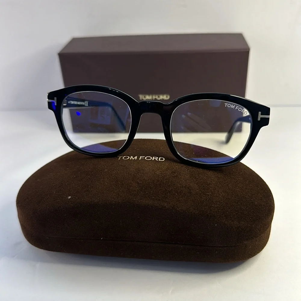 New - Authentic Tom Ford TF5808-B 001 Eyeglasses Men's Shiny Black/Blue Block …